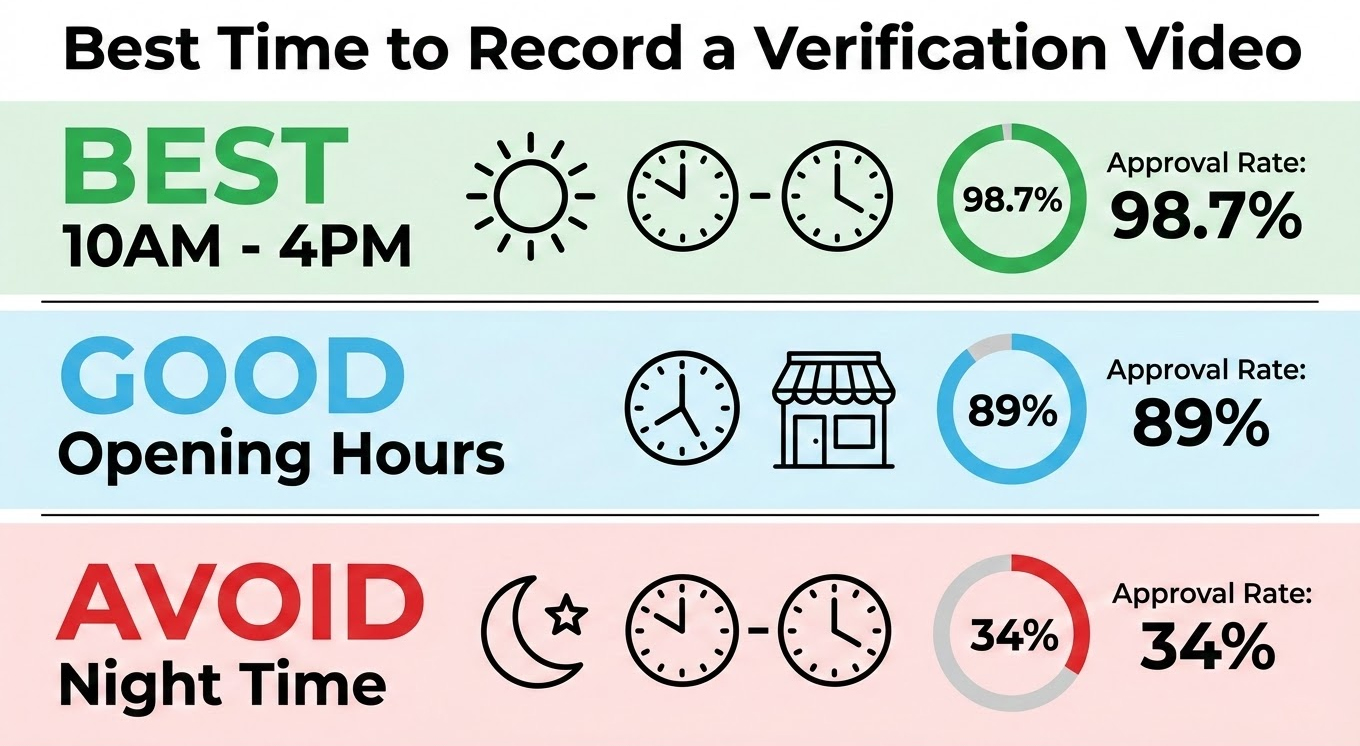 Visual guide showing best times to record verification video with approval rates